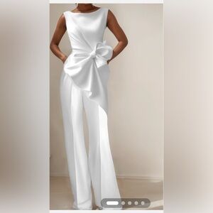 Fehaute Elegant White Wide Leg Pants with Dramatic Bow